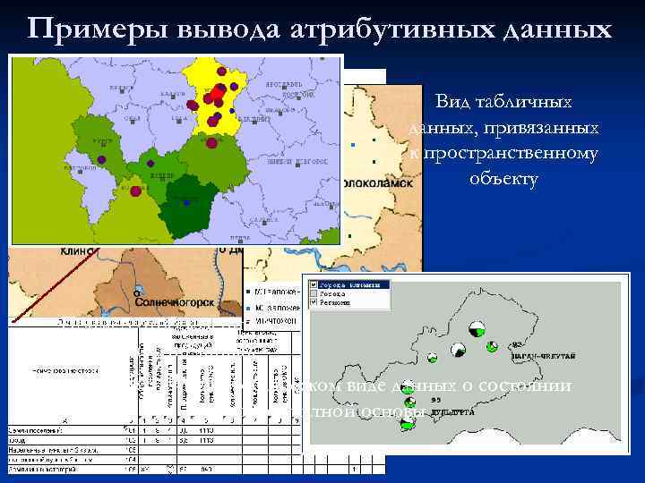 Примеры вывода атрибутивных данных Вид табличных данных, привязанных к пространственному объекту Пример отображения семантики