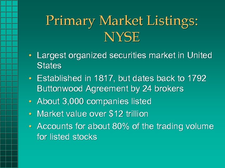 Primary Market Listings: NYSE • Largest organized securities market in United States • Established