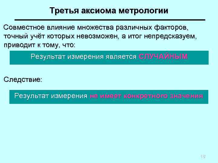 Третья аксиома метрологии Совместное влияние множества различных факторов, точный учёт которых невозможен, а итог