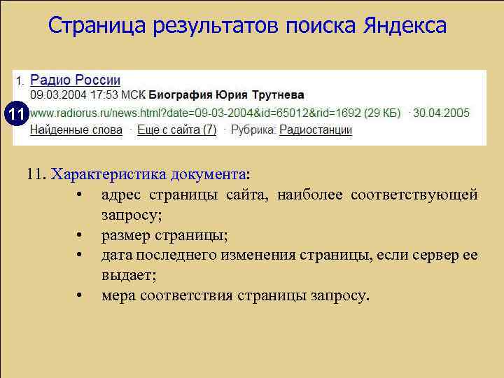 Страница результатов поиска Яндекса 11 11. Характеристика документа: • адрес страницы сайта, наиболее соответствующей