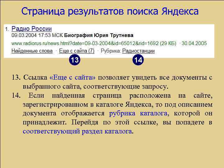 Страница результатов поиска Яндекса 13 14 13. Ссылка «Еще с сайта» позволяет увидеть все