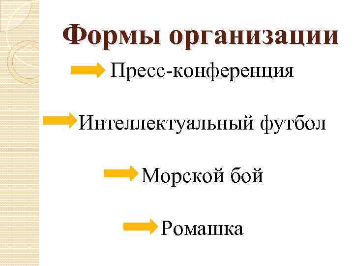 Формы организации Пресс-конференция Интеллектуальный футбол Морской бой Ромашка 