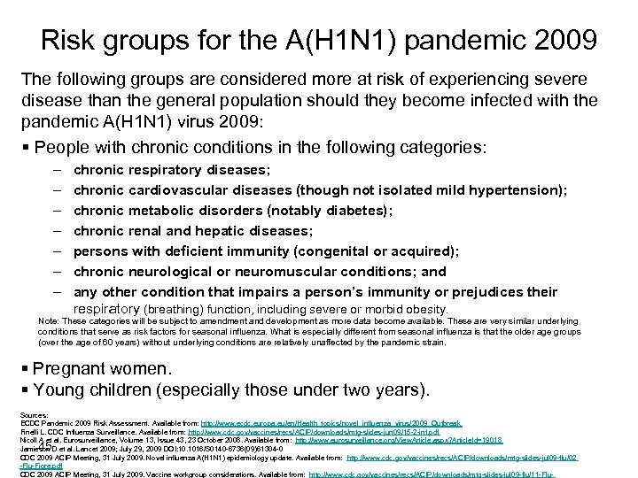 Risk groups for the A(H 1 N 1) pandemic 2009 The following groups are