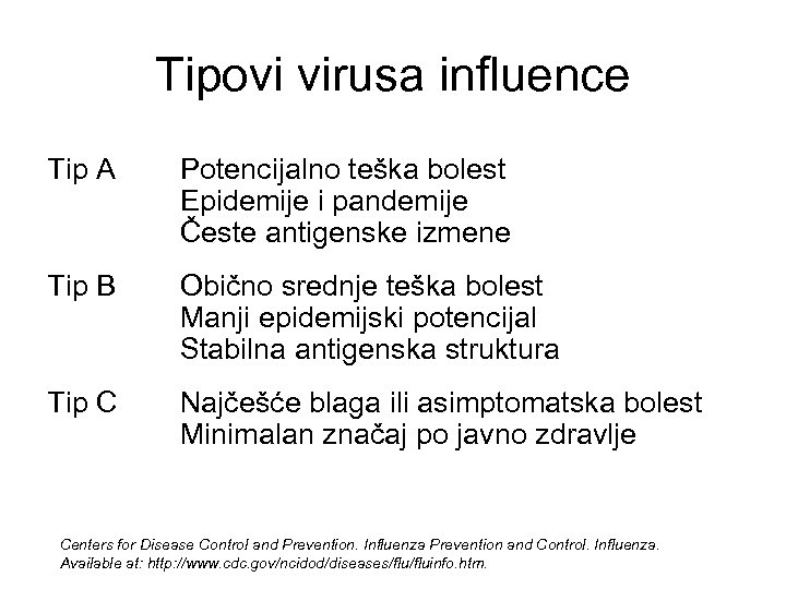 Tipovi virusa influence Tip A Potencijalno teška bolest Epidemije i pandemije Česte antigenske izmene