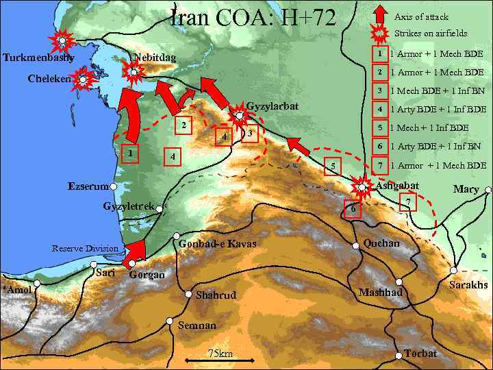 Iran COA: H+72 Axis of attack Strikes on airfields 1 1 Armor + 1