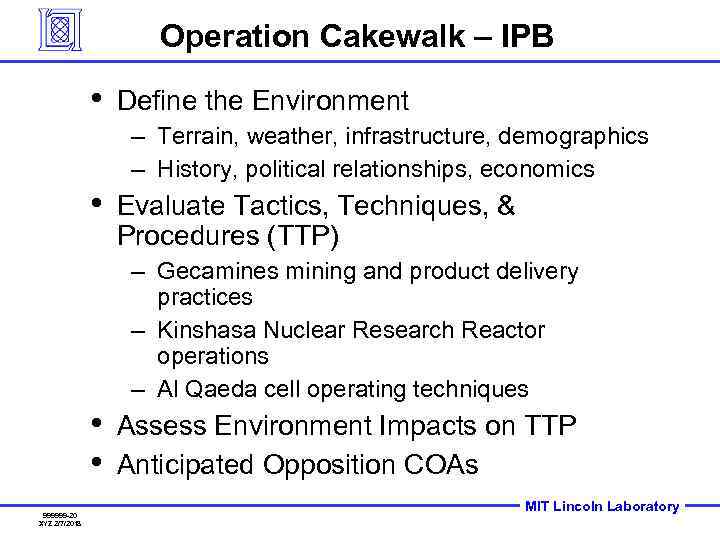 Operation Cakewalk – IPB • Define the Environment – Terrain, weather, infrastructure, demographics –