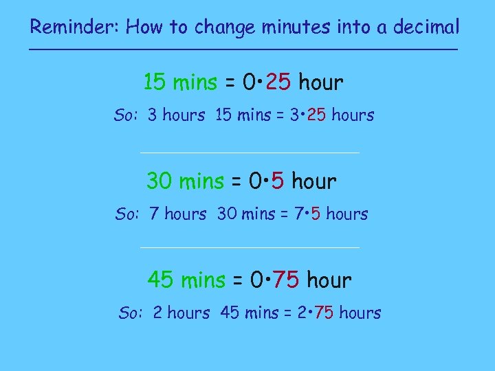 Reminder: How to change minutes into a decimal 15 mins = 0 • 25