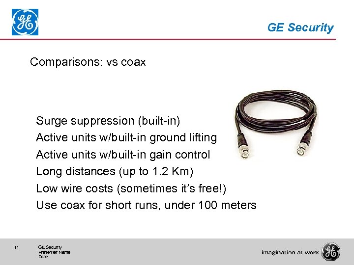 GE Security Comparisons: vs coax Surge suppression (built-in) Active units w/built-in ground lifting Active
