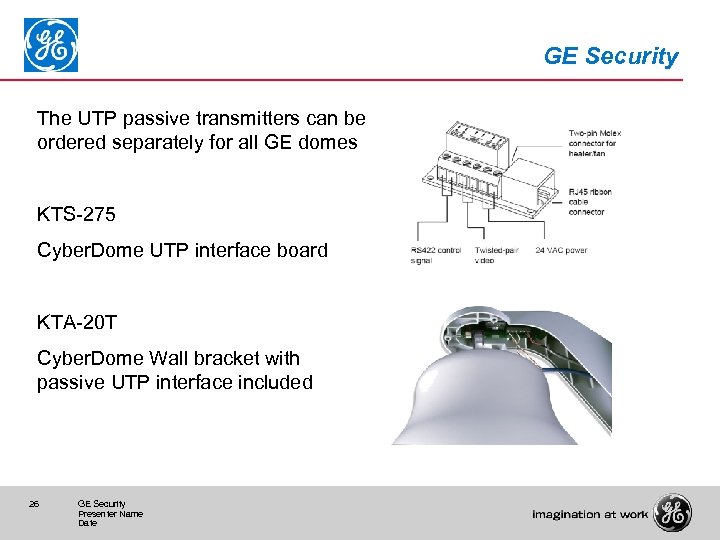 GE Security The UTP passive transmitters can be ordered separately for all GE domes