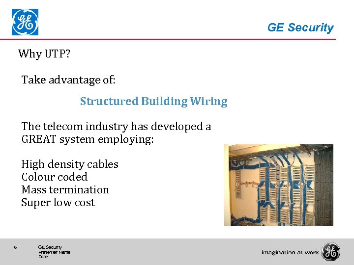 GE Security Why UTP? Take advantage of: Structured Building Wiring The telecom industry has