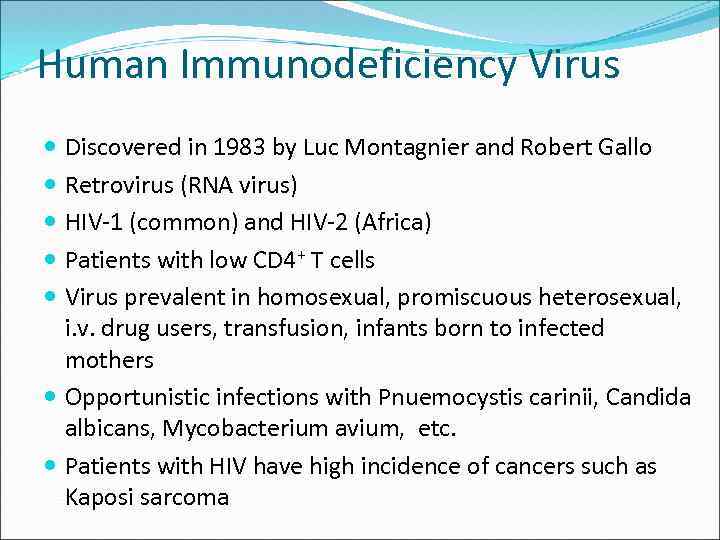 Human Immunodeficiency Virus Discovered in 1983 by Luc Montagnier and Robert Gallo Retrovirus (RNA