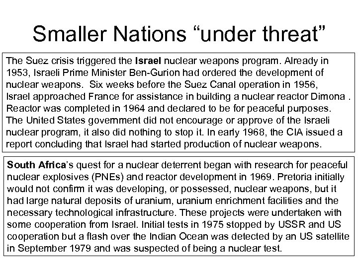 Smaller Nations “under threat” The Suez crisis triggered the Israel nuclear weapons program. Already