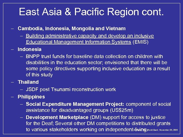 East Asia & Pacific Region cont. – Cambodia, Indonesia, Mongolia and Vietnam – Building