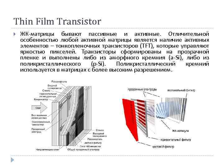 Thin Film Transistor ЖК-матрицы бывают пассивные и активные. Отличительной особенностью любой активной матрицы является