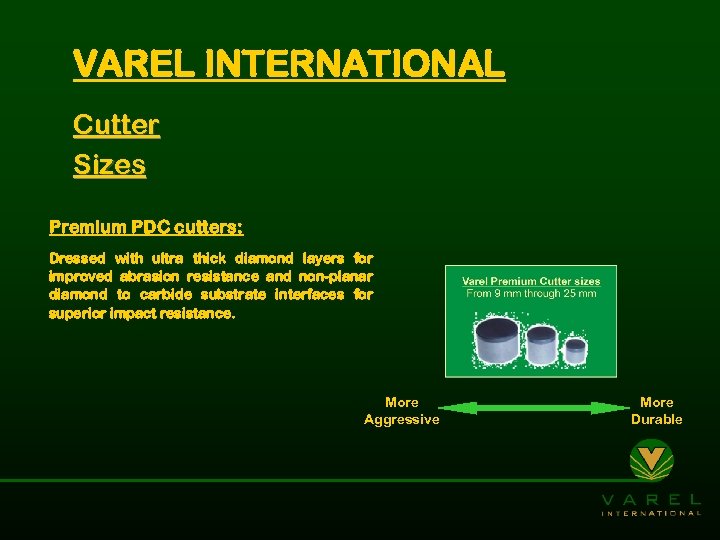 VAREL INTERNATIONAL Cutter Sizes Premium PDC cutters: Dressed with ultra thick diamond layers for