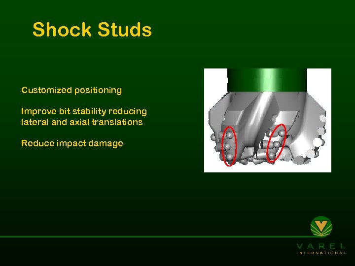 Shock Studs Customized positioning Improve bit stability reducing lateral and axial translations Reduce impact