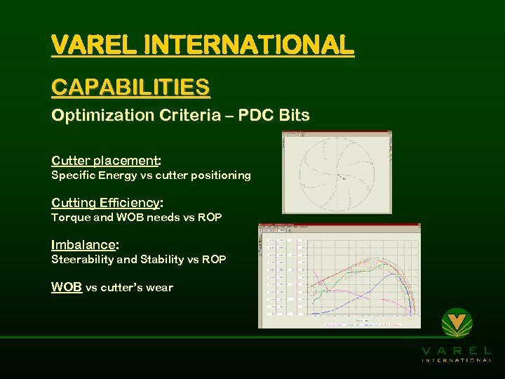 VAREL INTERNATIONAL CAPABILITIES Optimization Criteria – PDC Bits Cutter placement: Specific Energy vs cutter