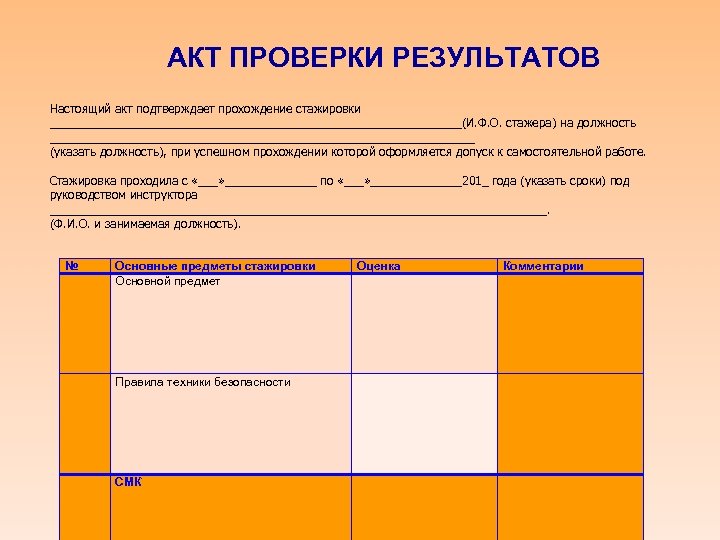 АКТ ПРОВЕРКИ РЕЗУЛЬТАТОВ Настоящий акт подтверждает прохождение стажировки ________________________________(И. Ф. О. стажера) на должность