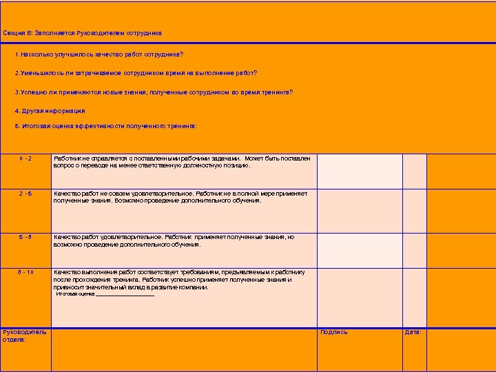  Секция B: Заполняется Руководителем сотрудника 1. Насколько улучшилось качество работ сотрудника? 2. Уменьшилось