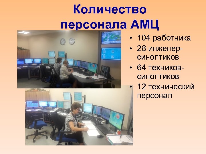 Количество персонала АМЦ • 104 работника • 28 инженерсиноптиков • 64 техниковсиноптиков • 12