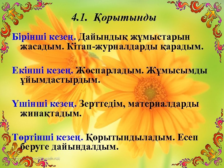 4. 1. Қорытынды Бірінші кезең. Дайындық жұмыстарын жасадым. Кітап-журналдарды қарадым. Екінші кезең. Жоспарладым. Жұмысымды