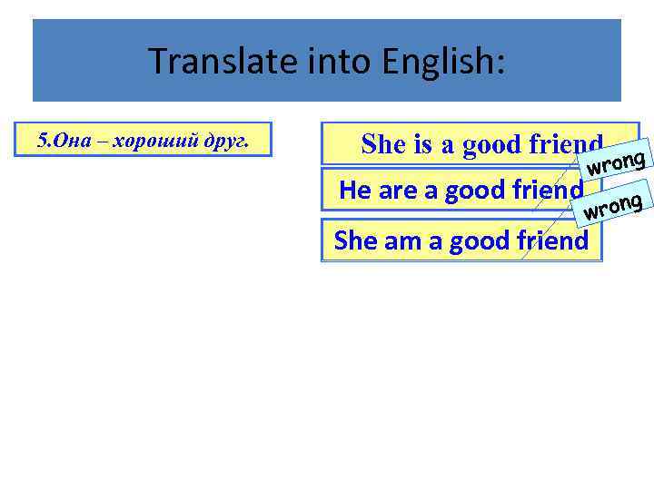 Translate into English: 5. Она – хороший друг. She is a good friend. He