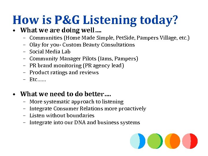 How is P&G Listening today? • What we are doing well…. – – –