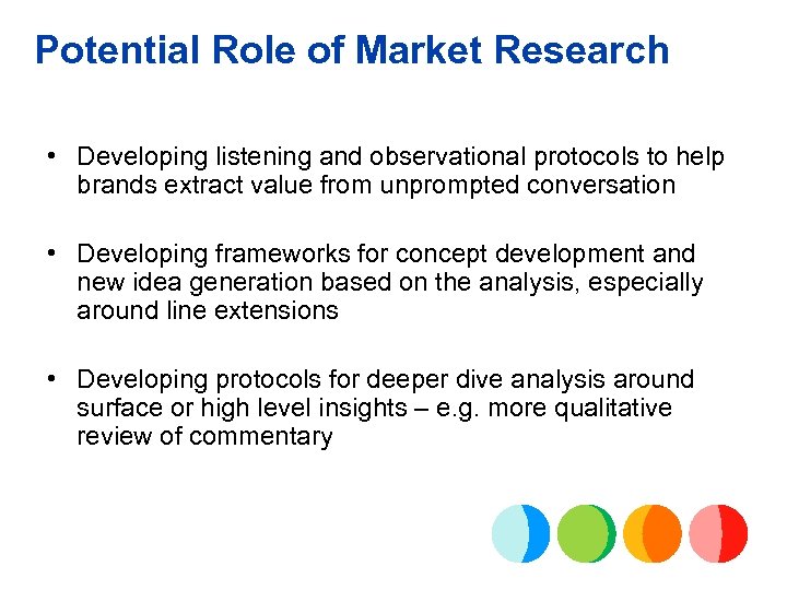Potential Role of Market Research • Developing listening and observational protocols to help brands