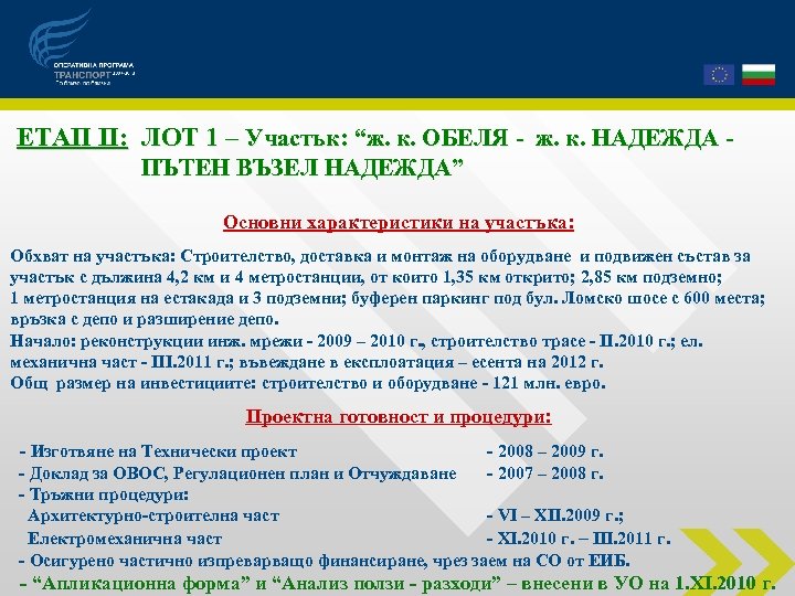  ЕТАП ІІ: ЛОТ 1 – Участък: “ж. к. ОБЕЛЯ - ж. к. НАДЕЖДА