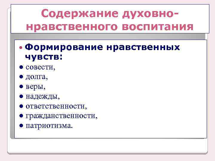 Содержание духовнонравственного воспитания Формирование чувств: ● совести, ● долга, ● веры, ● надежды, ●