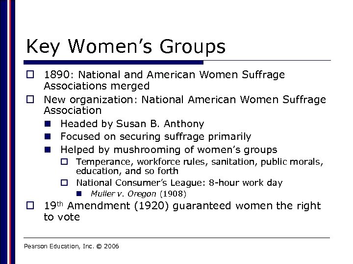 Key Women’s Groups o 1890: National and American Women Suffrage Associations merged o New