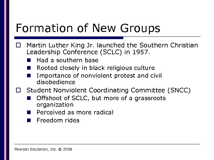 Formation of New Groups o Martin Luther King Jr. launched the Southern Christian Leadership