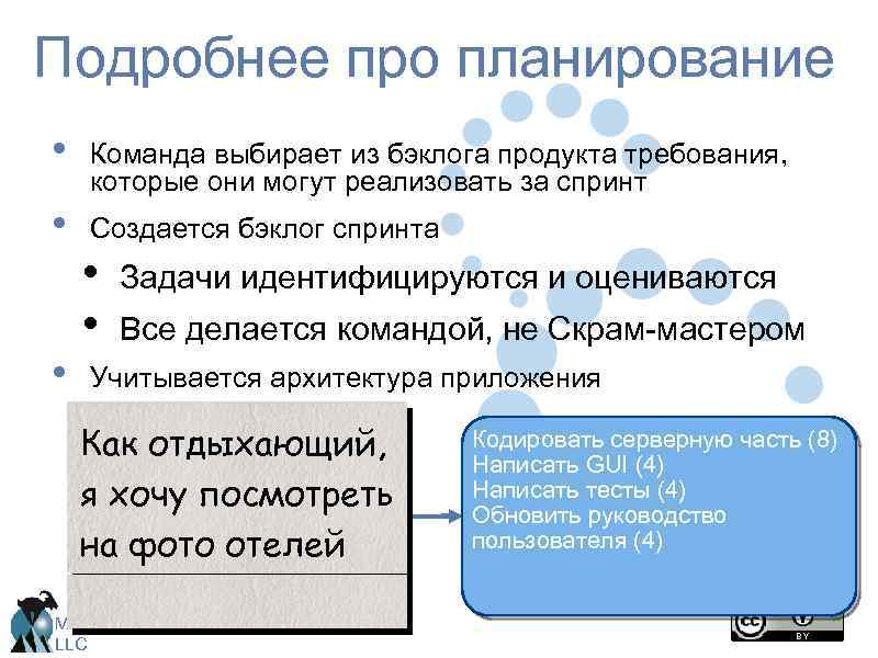 Подробнее про планирование • Команда выбирает из бэклога продукта требования, которые они могут реализовать