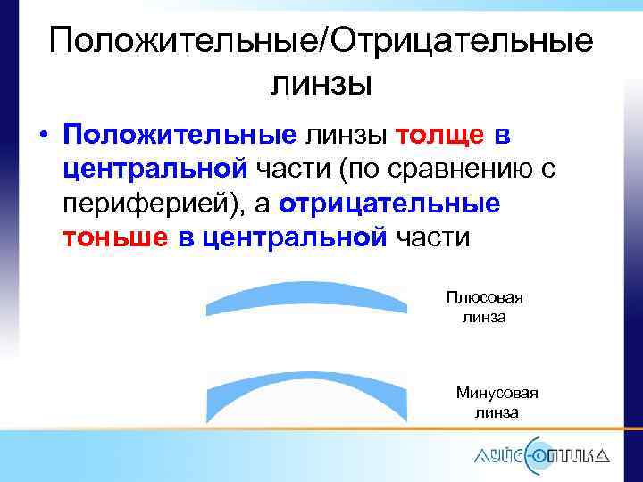 Положительные/Отрицательные линзы • Положительные линзы толще в центральной части (по сравнению с периферией), а