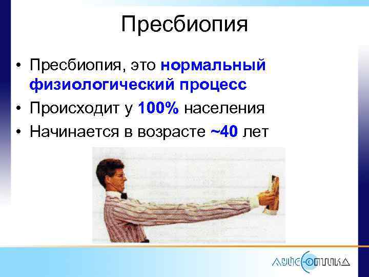 Пресбиопия • Пресбиопия, это нормальный физиологический процесс • Происходит у 100% населения • Начинается