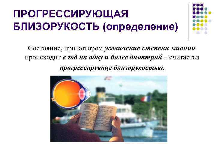 ПРОГРЕССИРУЮЩАЯ БЛИЗОРУКОСТЬ (определение) Состояние, при котором увеличение степени миопии происходит в год на одну