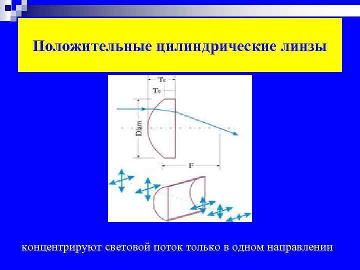 Положительные цилиндрические линзы концентрируют световой поток только в одном направлении. 