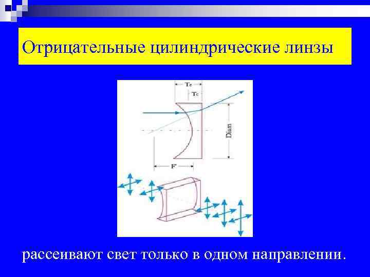 Отрицательные цилиндрические линзы рассеивают свет только в одном направлении. 