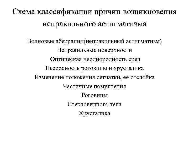 Схема классификации причин возникновения неправильного астигматизма Волновые аберрации(неправильный астигматизм) Неправильные поверхности Оптическая неоднородность сред