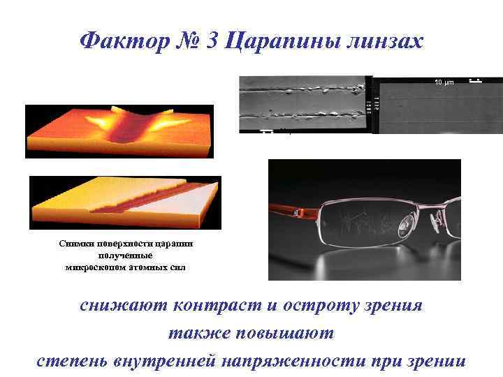 Фактор № 3 Царапины линзах 10 µm Снимки поверхности царапин полученные микроскопом атомных сил