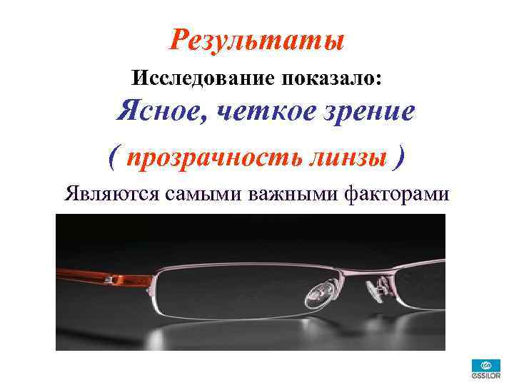 Результаты Исследование показало: Ясное, четкое зрение ( прозрачность линзы ) Являются самыми важными факторами