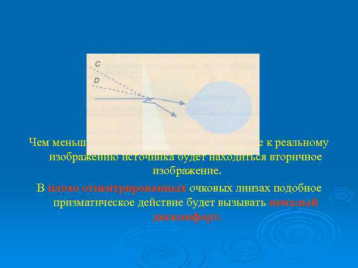 Чем меньше призматическая сила, тем ближе к реальному изображению источника будет находиться вторичное изображение.