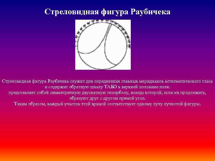 Стреловидная фигура Раубичека служит для определения главных меридианов астигматического глаза и содержит обратную шкалу