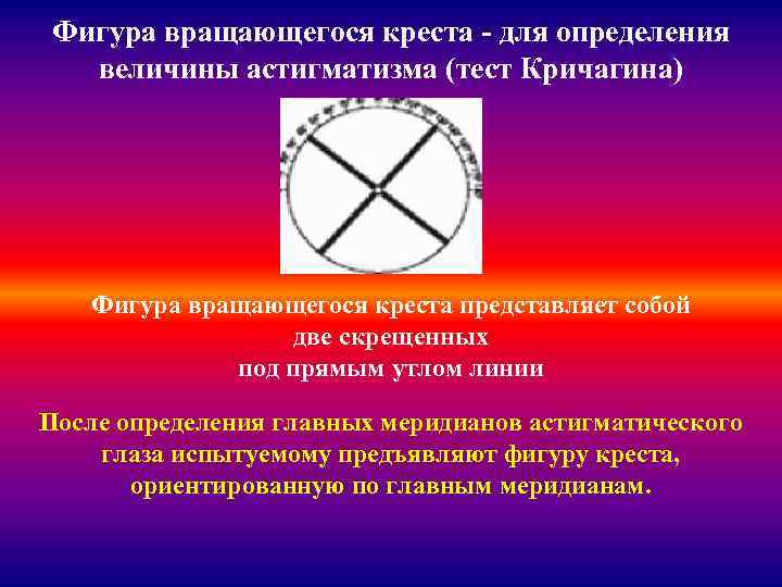 Фигура вращающегося креста - для определения величины астигматизма (тест Кричагина) Фигура вращающегося креста представляет