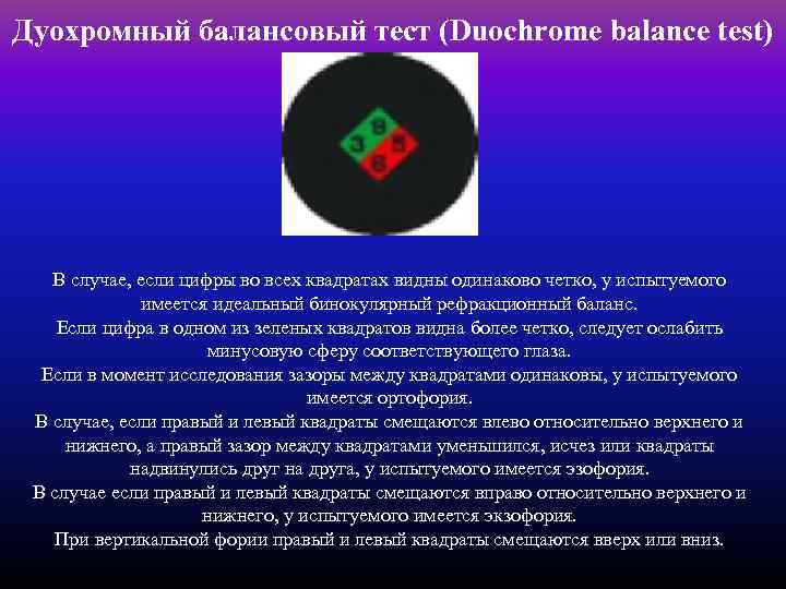Дуохромный балансовый тест (Duochrome balance test) В случае, если цифры во всех квадратах видны