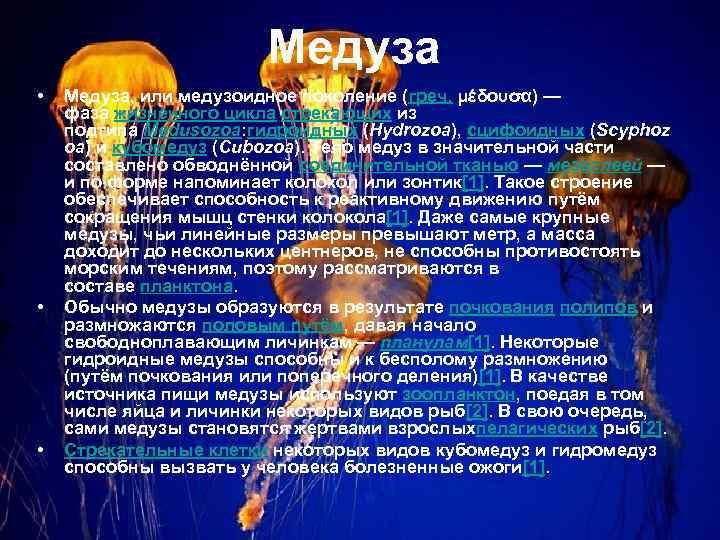 Медуза • • • Медуза, или медузоидное поколение (греч. μέδουσα) — фаза жизненного цикла