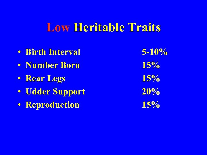 Low Heritable Traits • • • Birth Interval Number Born Rear Legs Udder Support