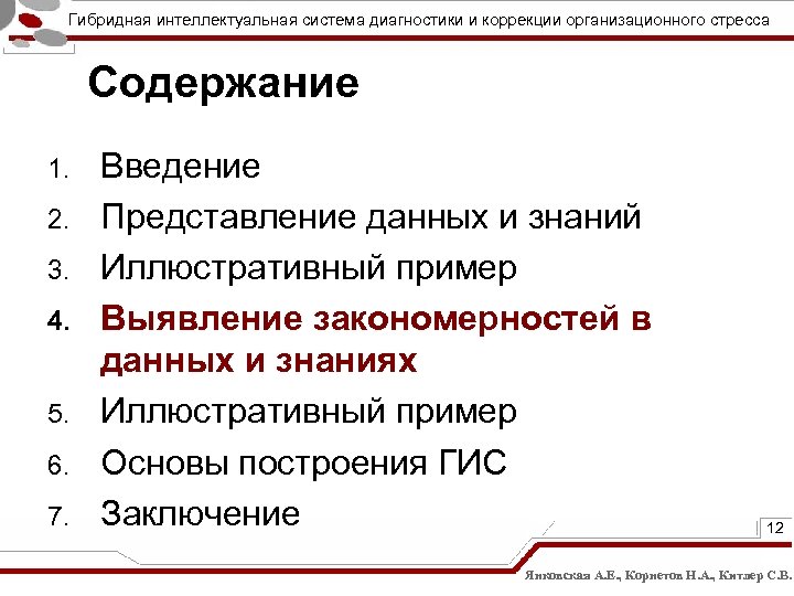 Гибридная интеллектуальная система диагностики и коррекции организационного стресса Содержание 1. 2. 3. 4. 5.