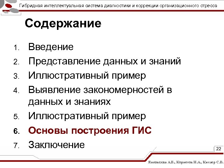 Гибридная интеллектуальная система диагностики и коррекции организационного стресса Содержание 1. 2. 3. 4. 5.