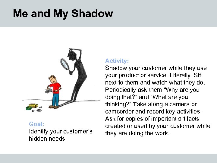 Me and My Shadow Goal: Identify your customer’s hidden needs. Activity: Shadow your customer